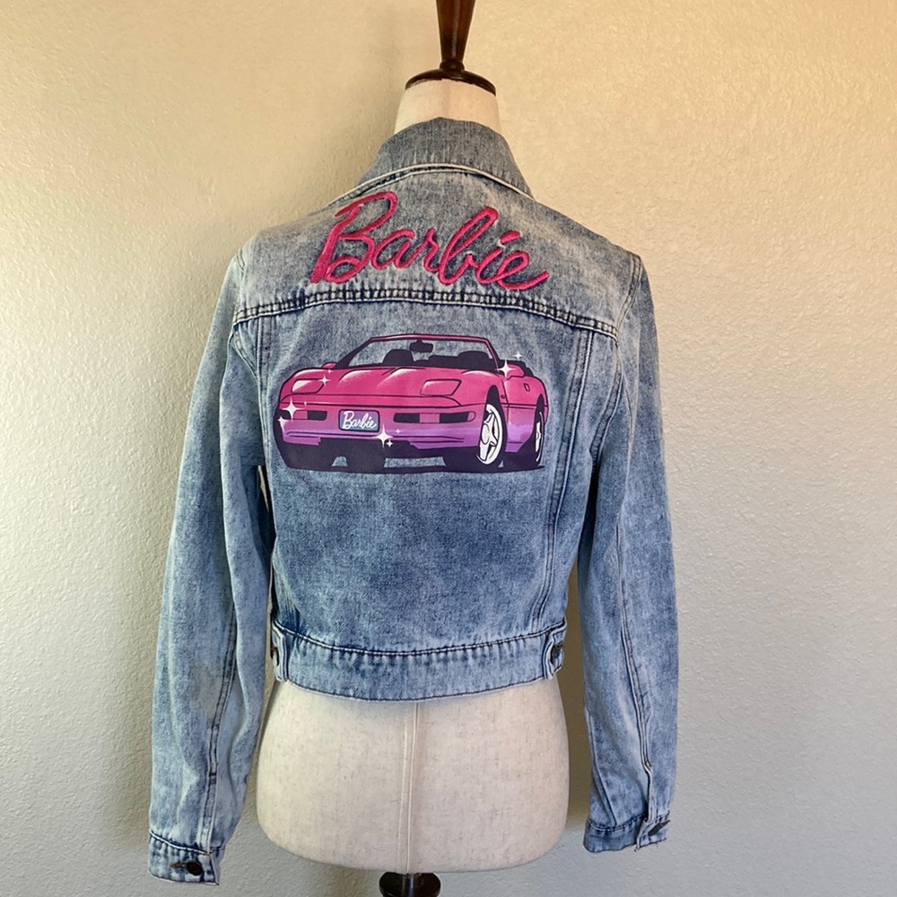 RARE Women’s Barbie Cropped Embroidered Denim Jacket Size Small
